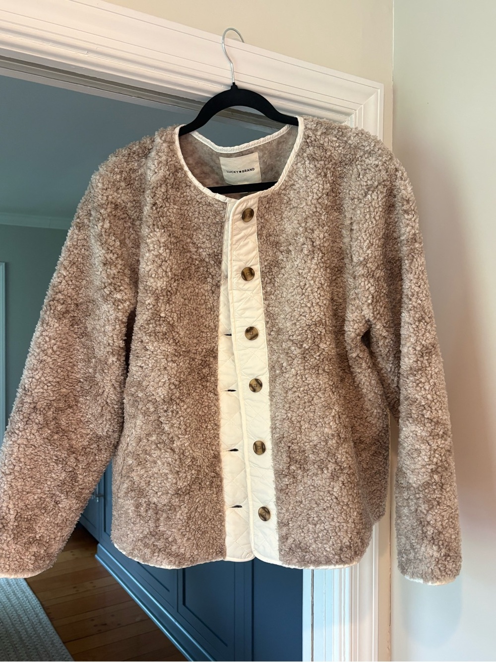 Lucky Brand Taupe Sherpa Jacket with Cream Button Placket